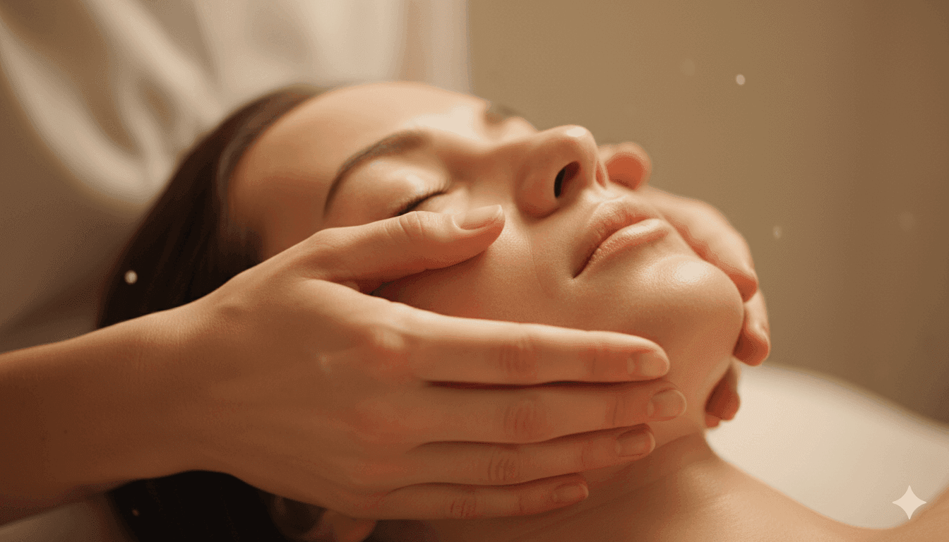 Frau genießt eine entspannende Gesichtsbehandlung im Kosmetikstudio Schwemmle in Keltern